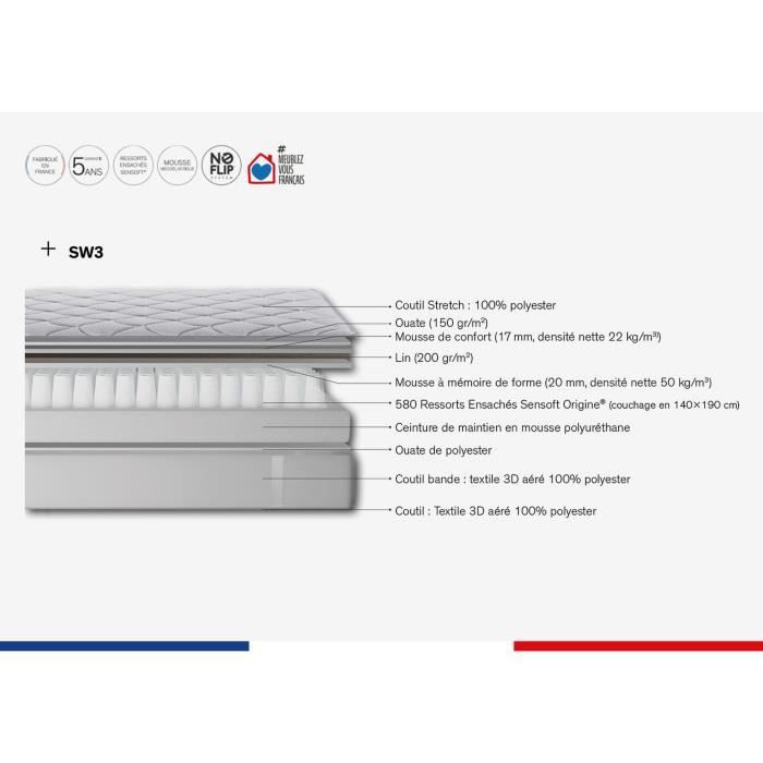 Ensemble matelas sommier 160 x 200 SIMMONS Hauteur 25 cm - Ressorts ensachés Sensoft - Fabriqué en France -  SW3