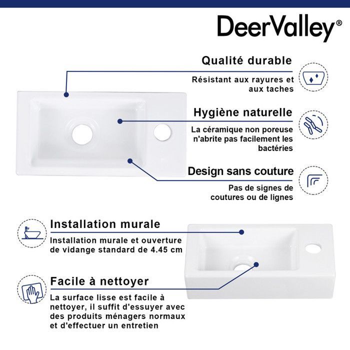 Lavabo rettangolare a parete DeerValley, bianco, foro per rubinetto a destra, 36,5x18x9 cm, DV-1V081R