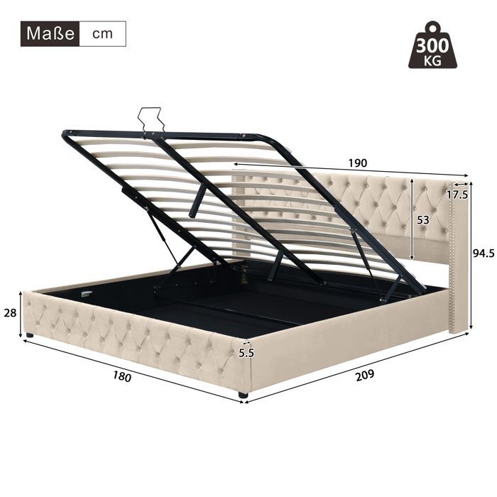Letto contenitore - TKOPY - Letto matrimoniale per adulti 180x200 cm, letto imbottito con rete a doghe e vano contenitore, velluto beige