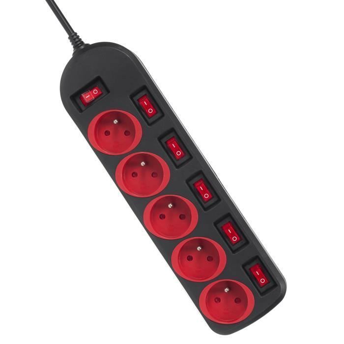 Regleta - Maclean Energy - 5 enchufes - Interruptor iluminado - 1,5 m - Negro/Rojo