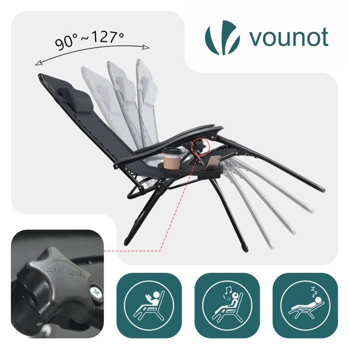 VOUNOT® Set of 2 Reclining Sun Loungers with Folding Textilene Table and Cup Holder - Max Load 120kg - Black