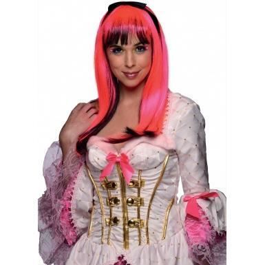 Wig - Neon Pink - Adult - Long Straight Hair - Straight Bangs - Headband with Bow