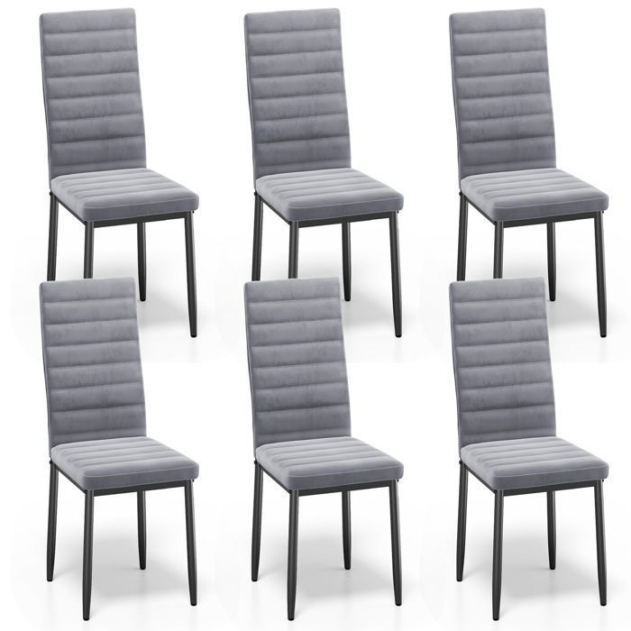 Chaise en Tissu Velours - Gris Clair- Bealife - Patte Metal - Pied Antidérapant en Caoutchouc - Salle à Manger - Dossier - Lot de 6