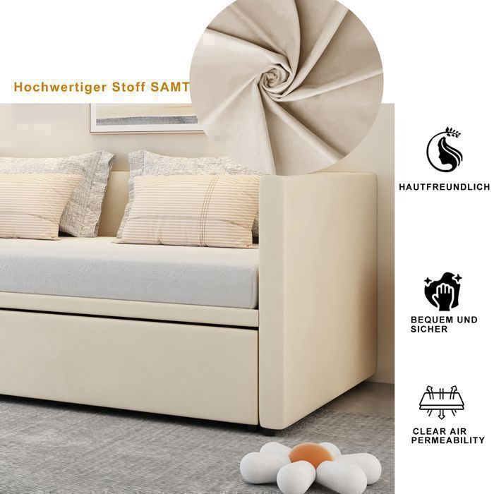 Uitschuifbare 2-zits slaapbank (90/180x200cm), beige fluweel, stevig FSC-gecertificeerd houten frame, ruimtebesparend, modern design