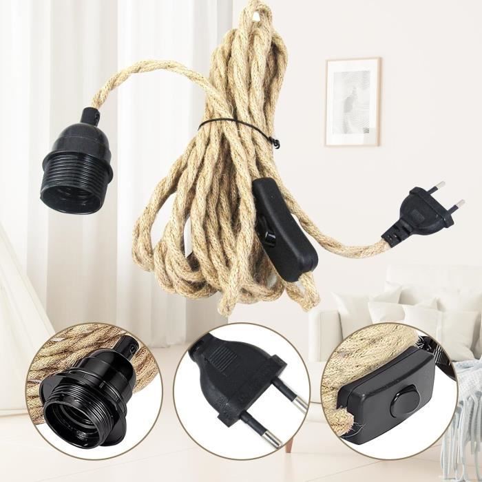 Lustre Corde de Chanvre Câble 4.5m, Douille Interrupteur avec Fil Cable Ampoule, DIY Suspension Luminaire Lampe Créative Lumière