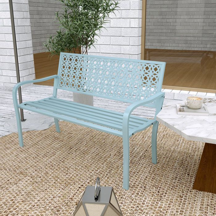 Panchina da giardino - Outsunny - 2 posti - schienale traforato - acciaio - per balcone, terrazzo, patio, veranda - 127 x 63 x 85 cm - blu