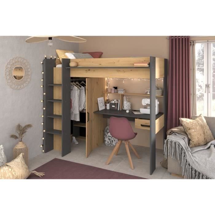 PARISOT HIGH Kinder-Hochbett – Eiche und Grau – Inklusive Lattenrost – 90 x 200 cm