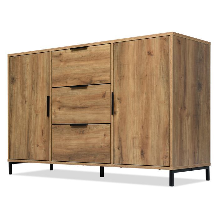 Commode met 2 deuren, 3 lades en verstelbare planken, geschikt voor de slaapkamer, eetkamer en woonkamer, eikenhout