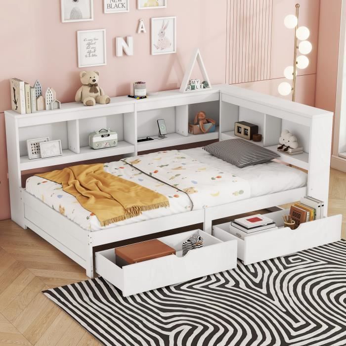Sofá cama, 90 x 200 cm, Sofá cama, Sofá cama con dos cajones, Con toma de corriente y 2 puertos USB, Cama con somier de láminas (s