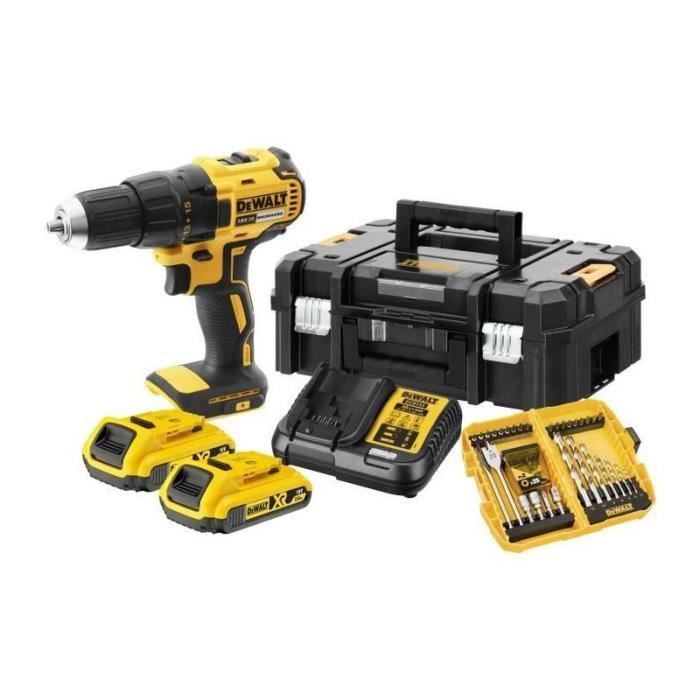DEWALT Perceuse Visseuse Sans Fil Brushless 18V 2Ah Livrée en Coffret avec 56 Accessoires, 2 Batteries et Chargeur DCD777D2K-QW