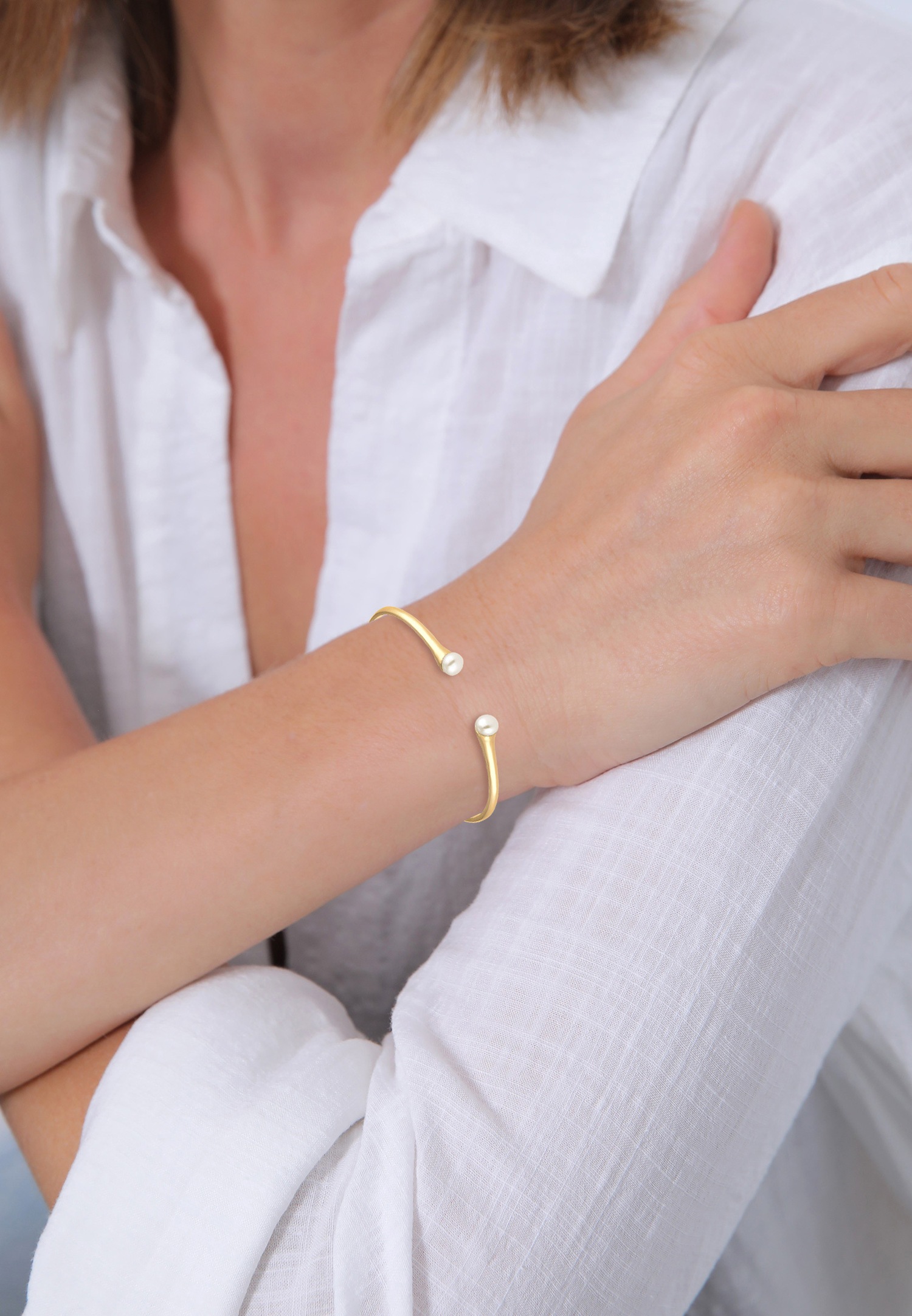 Elli PREMIUM Bangle Ouvert Réglable Perles de Culture d'Eau Douce Femme Plaqué Or Argent (925/1000)