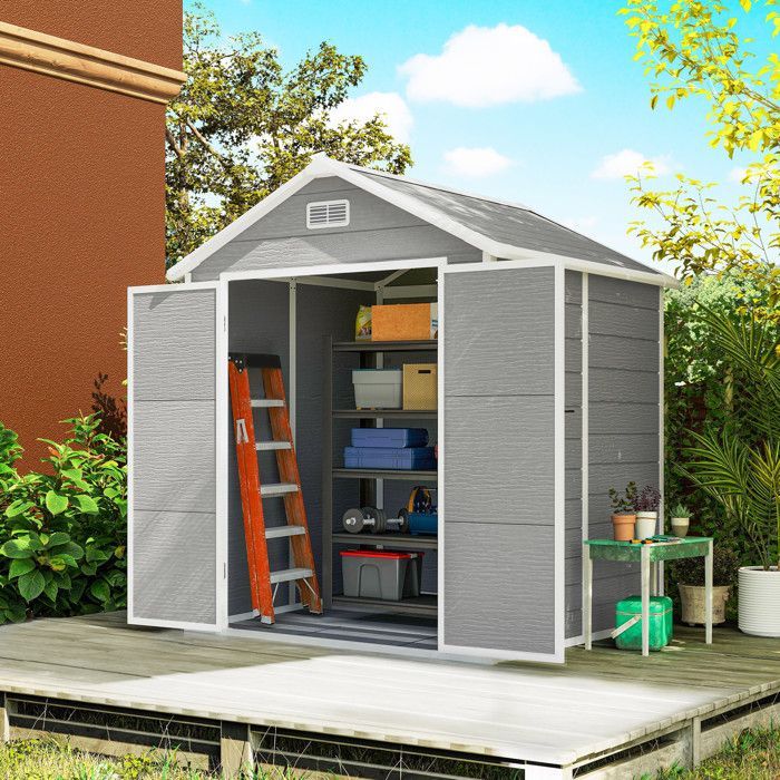 Gartenhaus – Outsunny – Kunstharz – mit Boden, Aluminiumrahmen – abschließbare Türen, 3 Fenster – grau