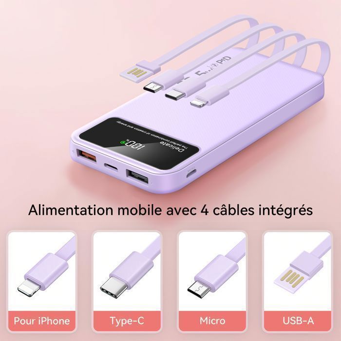 Batterie Externe Violette 20000mAh avec Écran LED, 4 Câbles Intégrés, 6 Sorties et 3 Entrées, Power Bank Compact