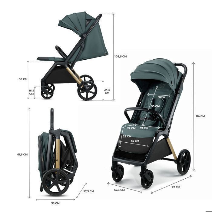 Passeggino Kinderkraft LOOM leggero, compatto, 0-22 kg, chiusura automatica, ruote grandi antiforatura, verde.
