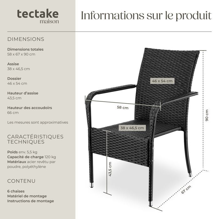 Chaises de jardin - TECTAKE - Lot de 6 fauteuils de repas d'extérieur en rotin résistants aux UVs 58 x 67 x 90 cm - Noir