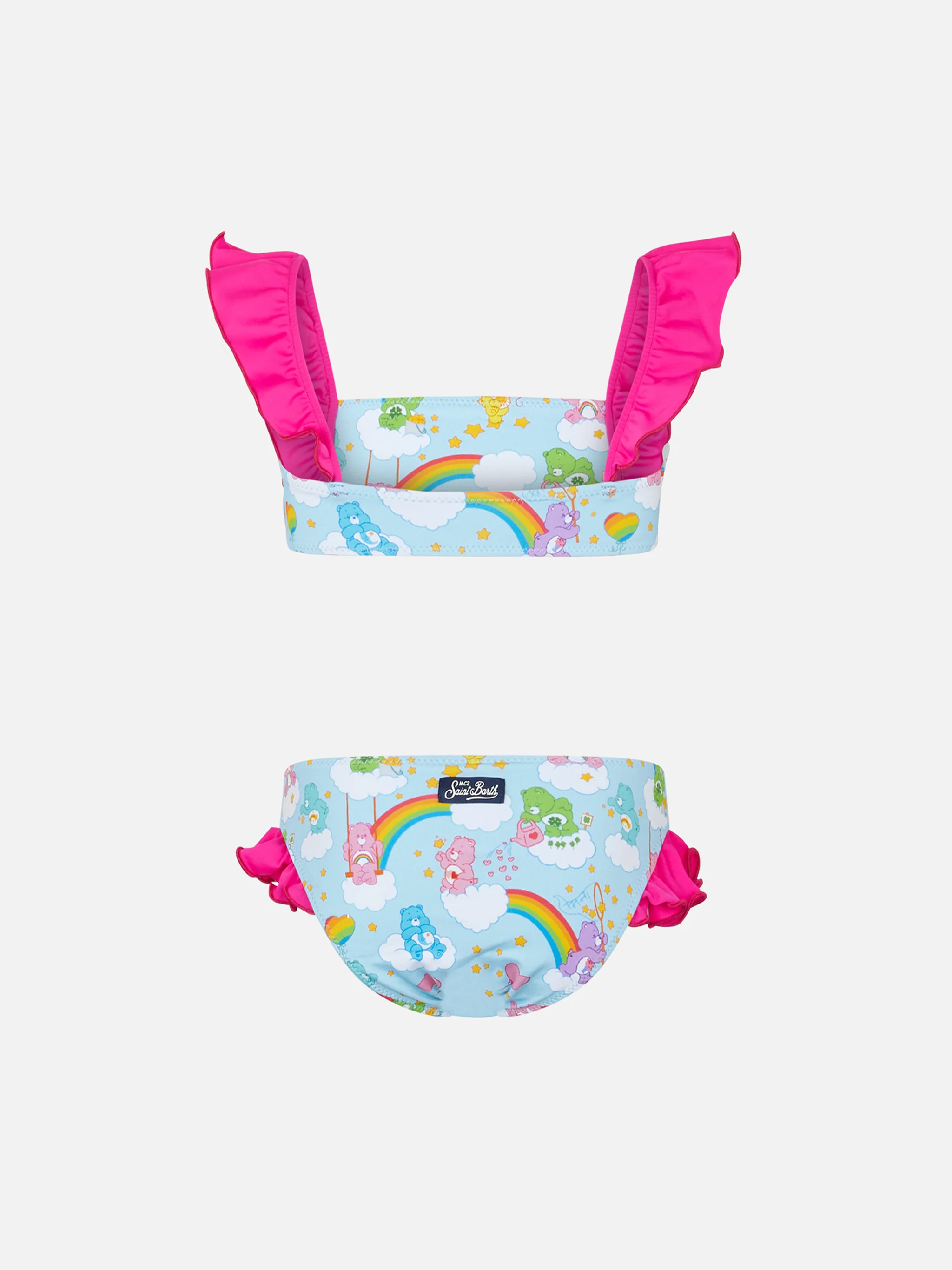 Bandeau-Bikini für Mädchen mit Rüschen und hellblauem Teddybärmuster