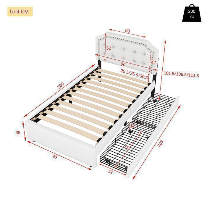 Cama individual de 90x200 cm para adultos con 2 cajones, cama de noche tapizada con remaches decorativos - SWEIKO - Beige claro