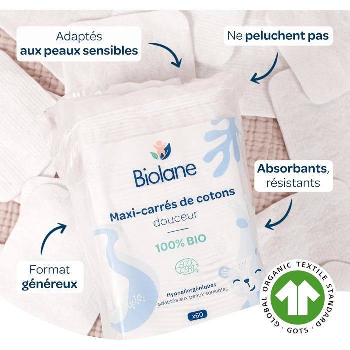 Maxi dischetti di cotone - BIOLANE - Confezione da 12 (720 dischetti) - 100% biologico - Per pelli sensibili - Prodotto in Francia