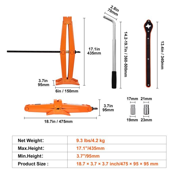 Gato de tijera Duoku de 2,5 toneladas - Capacidad de 2500 kg - Rango de elevación de 9,4 a 43,4 cm - Mango de trinquete - Portátil