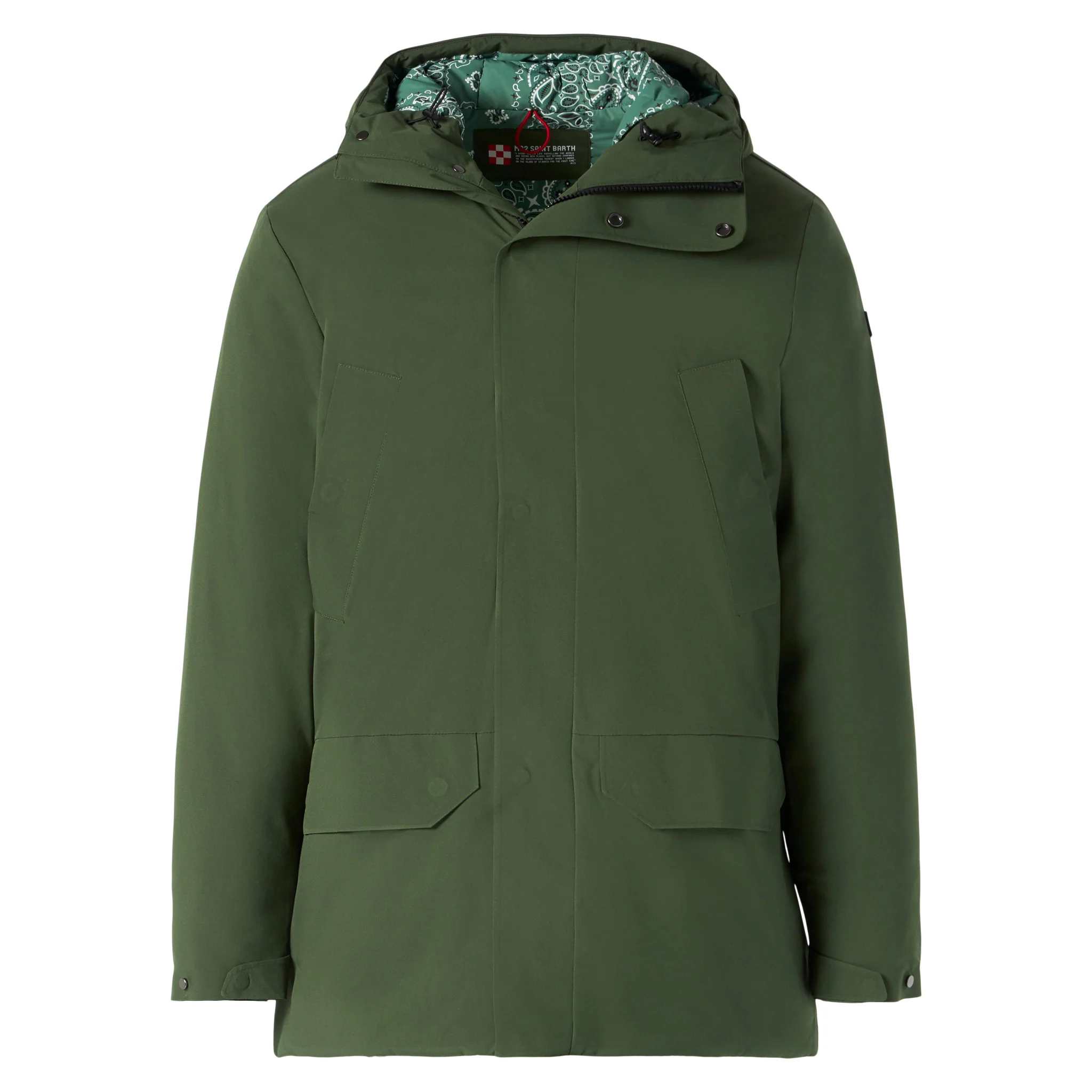 Parka de hombre con capucha y estampado de bandana en color verde militar.