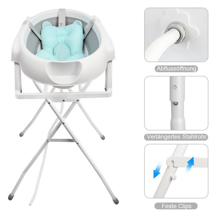 Bañera para bebé MIPAN con soporte - Bañera ergonómica para bebé - Con cojín - Drenaje integrado - 63*60*84,5 cm - Gris