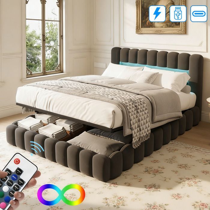 Lit coffre 180x200cm Lit double 2 personnes Matériau en lin, avec chargement USB Type-C et éclairage LED,rangement hydraulique,gris