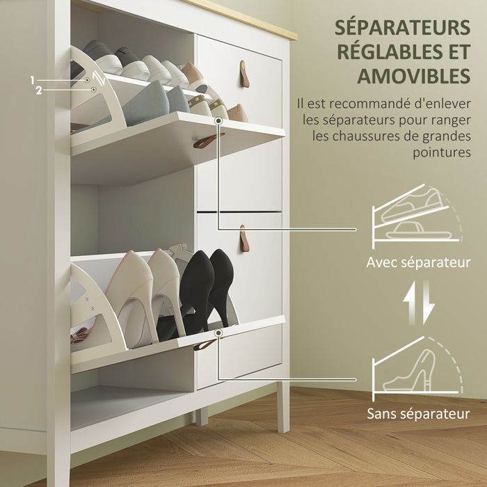 Schuhschrank – HOMCOM – 20 Paar – 4 Schubladen, Klapptüren, herausnehmbare und verstellbare Einlegeböden – 105 x 24 x 95,5 cm – weiß