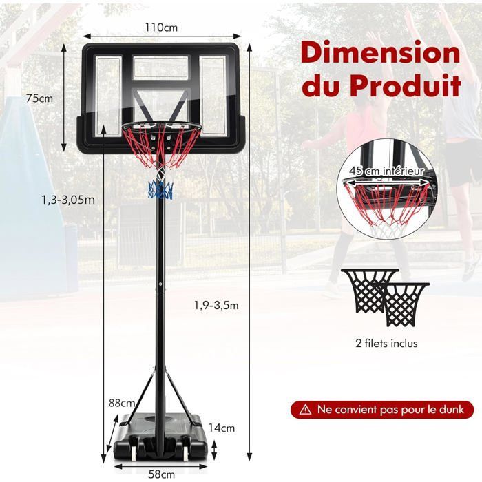 Aro de baloncesto independiente COSTWAY, altura ajustable de 130 a 305 cm, 12 niveles, con ruedas, móvil, 2 redes, base con peso.