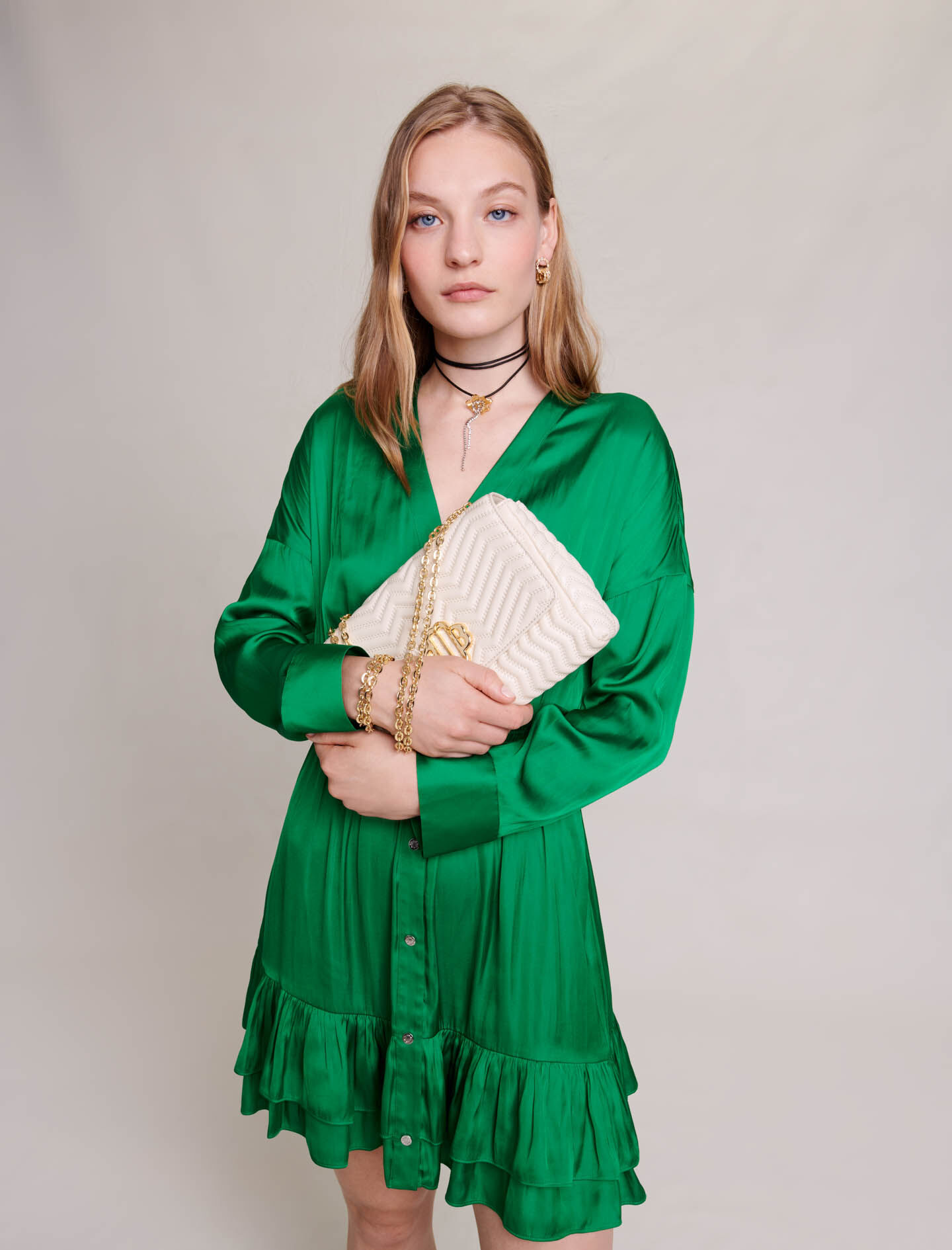 Rochie scurtă din satin - Vert