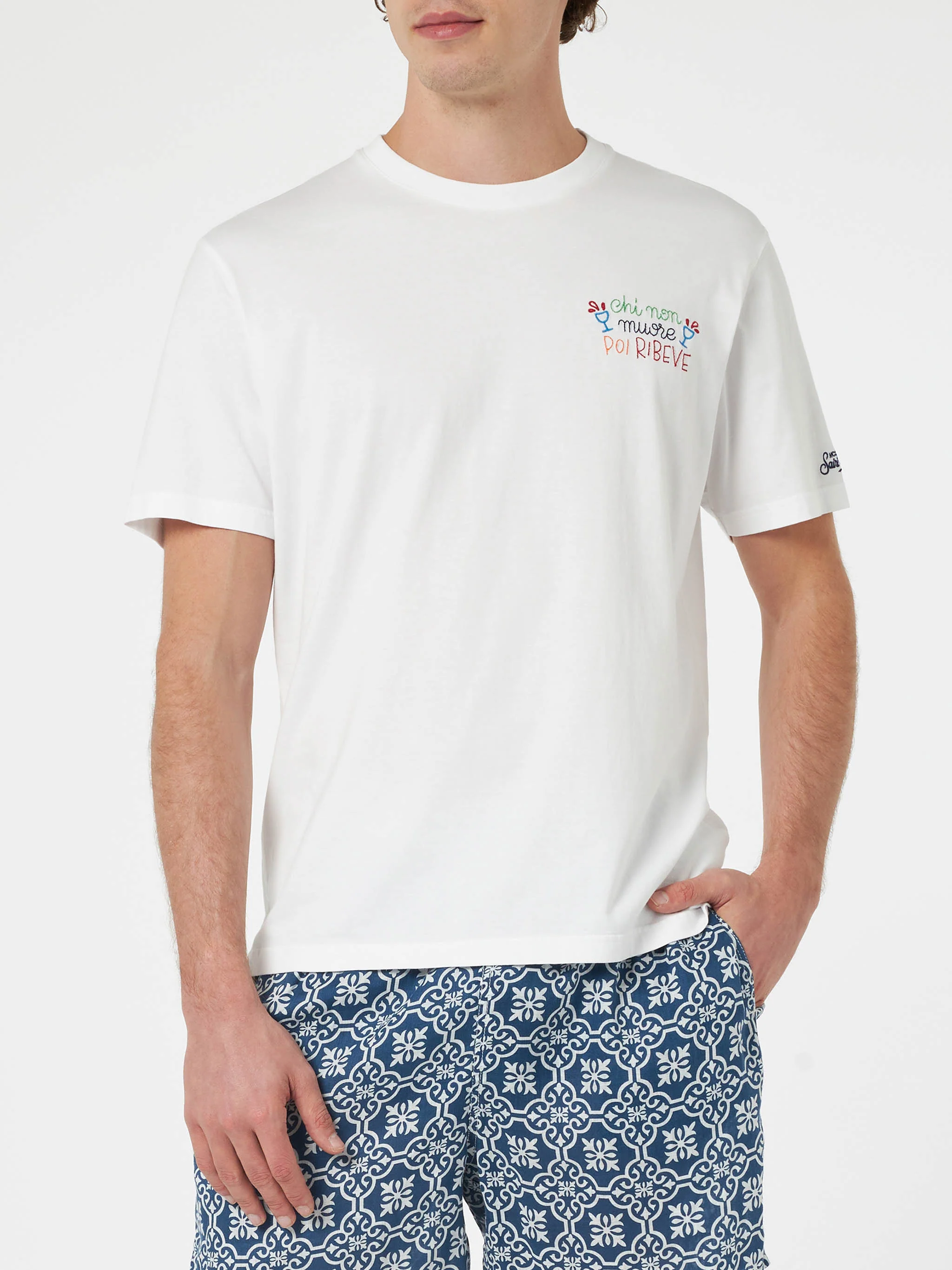 Portofino Special Edition Men's Organic Cotton T-Shirt with 'Chi Non Muore Poi Riveve' Embroidery, White, Crewneck, Short Sleeves | MC2 Saint Barth