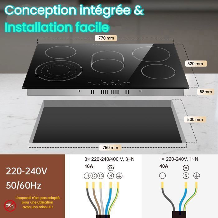 Keramische glazen kookplaat, inbouwkookplaat, 5 branders, 77 cm breed, 8500W, 9 vermogensniveaus, touchbediening, geschikt voor alle pannen.
