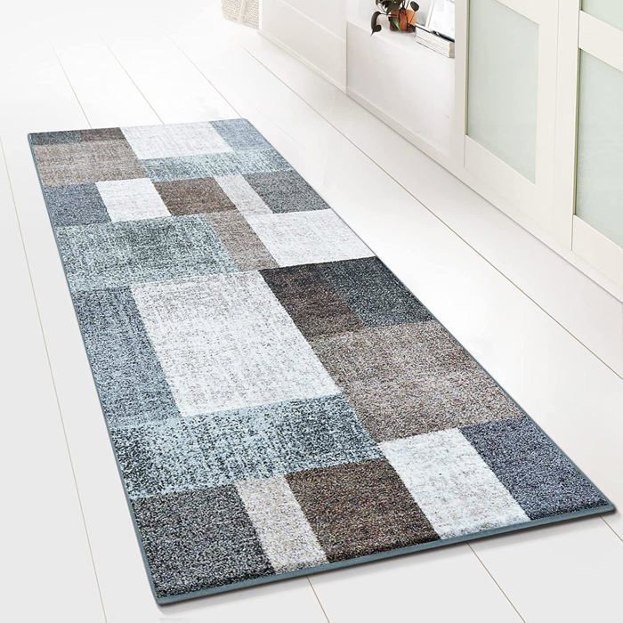 Alfombra de pasillo Lucano, estampado de cuadrícula predominantemente beige, 80 x 500 cm