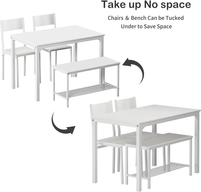 SogesHome Table a manger avec chaises 4 pièces avec étagère en Bois et Structure en Acier pour Salle à Manger et Cuisine，Blanc