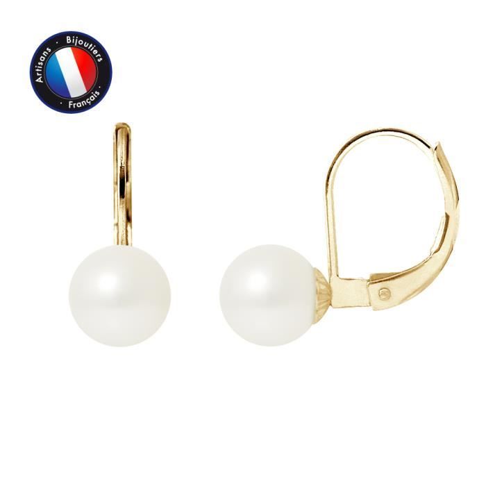 Boucles d'Oreilles - PERLINEA - Dormeuses - Perles de Culture 7-8 mm - Or Jaune - AAA+