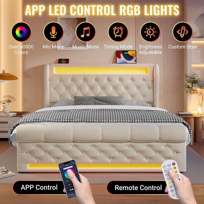 Cama con almacenamiento - Becag - Cama doble de 140x200cm con LED y USB Tipo-C, cama tapizada para adultos con almacenamiento hidráulico, terciopelo beige.