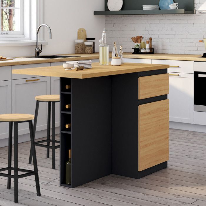 IDMARKET Ilot central TINO 120 cm avec range-bouteilles 4 personnes bois noir avec plan de travail façon hêtre