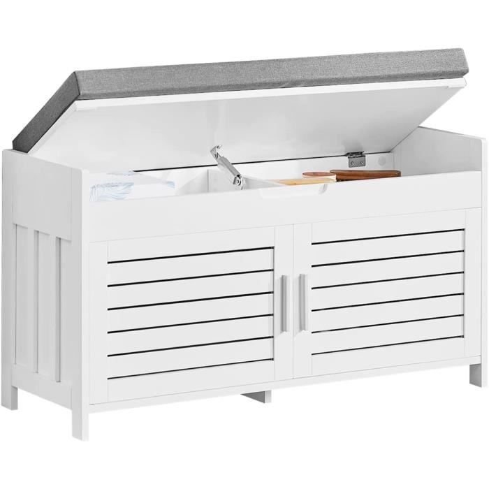 Armario bajo para pasillo SoBuy FSR102-W con cómodo cojín acolchado, almacenamiento integrado y 2 puertas, 90x33x80 cm