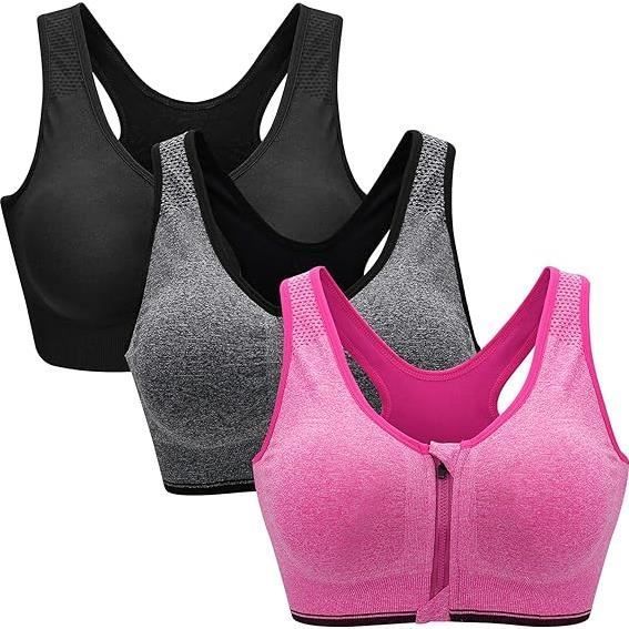 Women's Front Zipper Push-Up Sports Bra, Wireless Lingerie, Running Vest, Removable Pads for Fitness - Pink