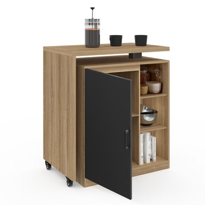 IDMARKET Ilot rotatif POLO meuble de bar pivotant 2 en 1 imitation hêtre porte noire