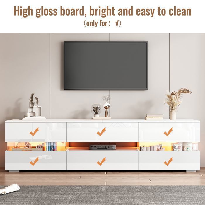 Moderne, blankt hvidt TV-bord med LED-belysning, 2 døre, 1 skuffe, egnet til et 70-tommer TV, 160 x 39 x 45 cm