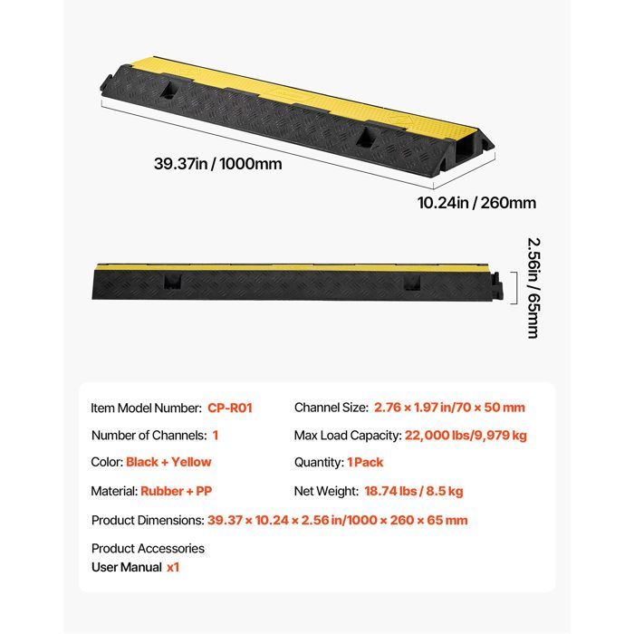 Rampa de protección de cables VEVOR - Capacidad de carga 9979 kg - Canaleta para cables de suelo de 1 canal 70 x 50 mm - con tapa abatible