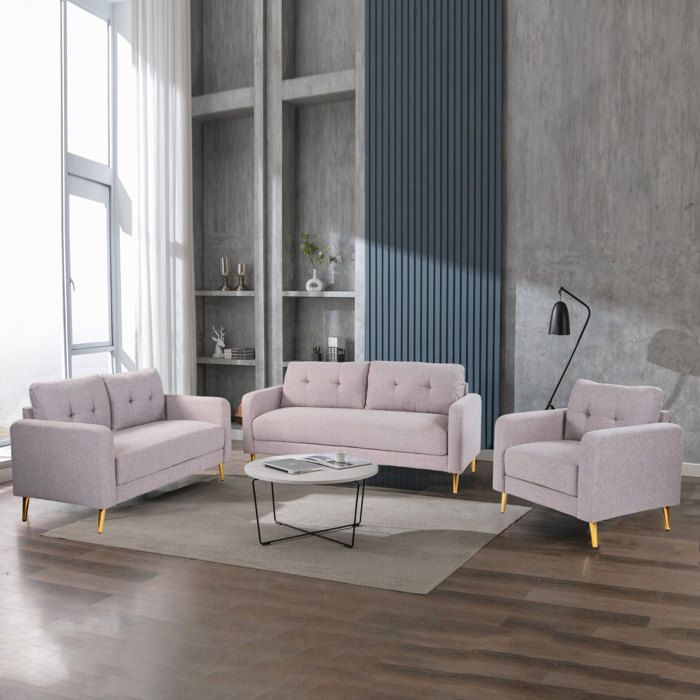 Ensemble 2 canapés + fauteuil en microfibre gris clair - GLIMAR