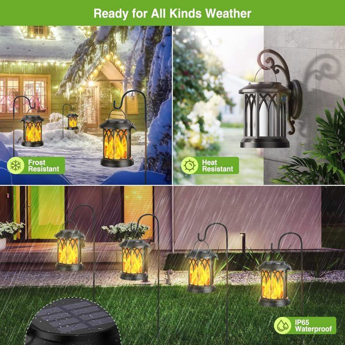 Lot de 2 lanternes solaires suspendues pour jardin extérieur, avec effet flamme LED réaliste et vacillante, étanches.
