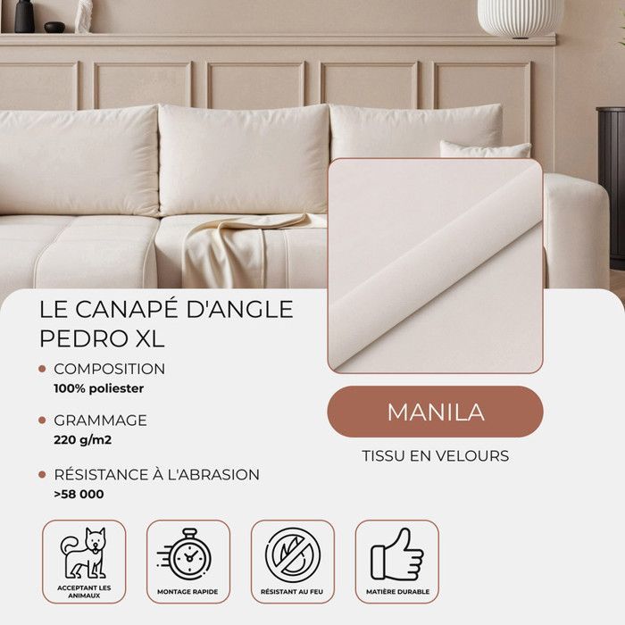Idohome PEDRO Ecksofa 278 x 145 cm, Stoff Manila Creme, ausziehbar mit Stauraum