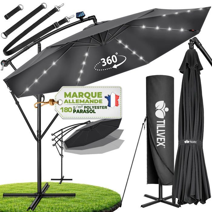 Sombrilla voladiza LED tillvex® Ø 350 cm Antracita – 360°, protección UV UPF 50+ con manivela, funda y parasol con base.