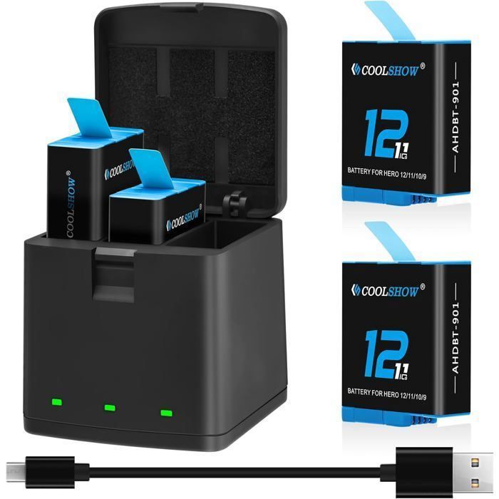 Paquete de 2 baterías y cargador de 3 canales para GoPro Hero 9/10/11, compatible con GoPro Hero 9 Black, GoPro Hero 10 Black y GoPro Hero 11/12 Black.
