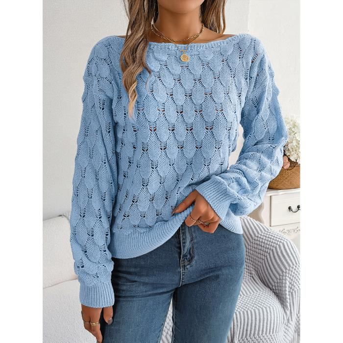 Jersey de punto para mujer, cuello barco, hombros descubiertos, corte holgado informal, calado, manga larga, color liso - Azul