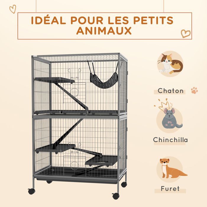 Cage pour rongeurs Pawhut Multifonction 4 Plateformes 3 rampes 4 Portes dim. 80L x 52l x 128H cm acier Gris argenté Noir