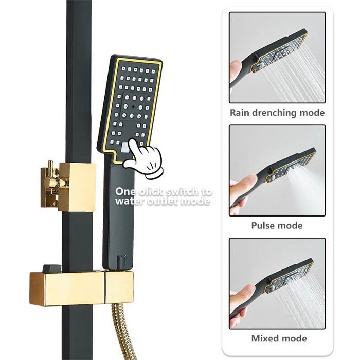 Columna de ducha negra y dorada, columna de ducha de baño de altura regulable, mezclador de ducha con ducha de mano y cabezal de ducha.