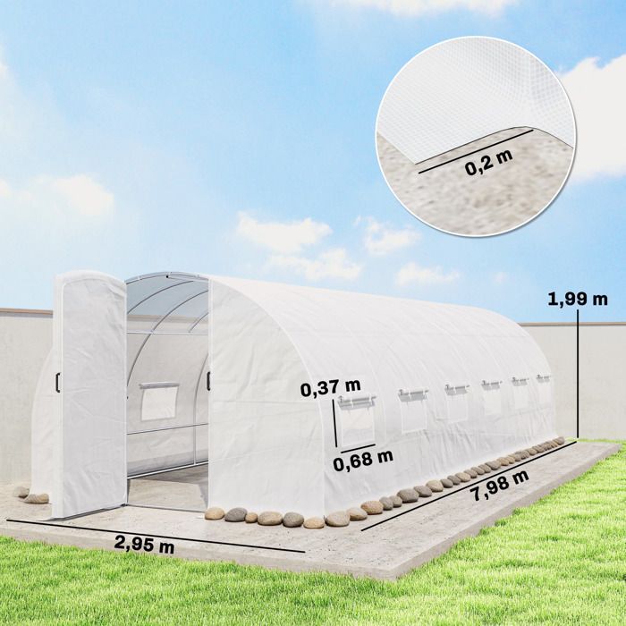 Invernadero tipo túnel Outsunny de 24 m² (295 x 798 x 199 cm) - con puertas y 12 ventanas con mosquiteras - Cubierta de PE de 140 g/m² - Blanco